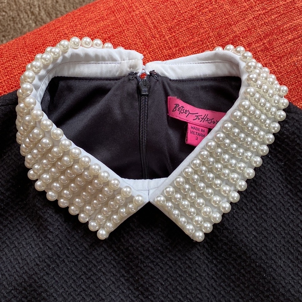 Betsey Johnson Black Knit Dress Pearl Beaded Collar Dress - Picture 10 of 15
